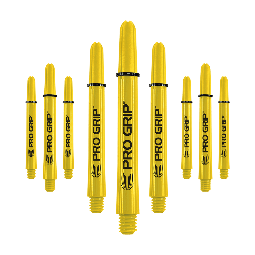 Das Bild zeigt neun gelbe Dartschäfte mit der Aufschrift "PRO GRIP". Sie sind in drei Reihen angeordnet und haben schwarze Ringe zur Befestigung.