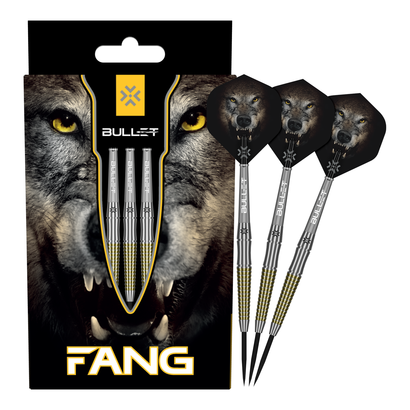 Bullet Fang Steeldarts Auf dem Bild sind die Bullet Fang Steeldarts komplett zu sehen. Die Steeldarts sind in voller Länge dargestellt.