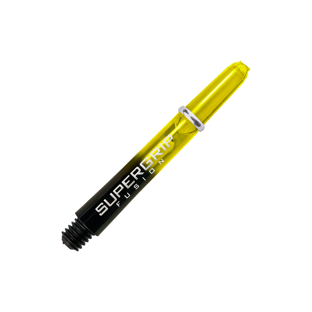 HR348_Harrows_Supergrip_Fusion_Shafts_Gelb_33mm_2SsrmcMCNQjmQd Dies ist ein Harrows Supergrip Fusion Shaft in Gelb. Der Schaft hat einen transparenten gelben und schwarzen Farbverlauf mit weißer Aufschrift.