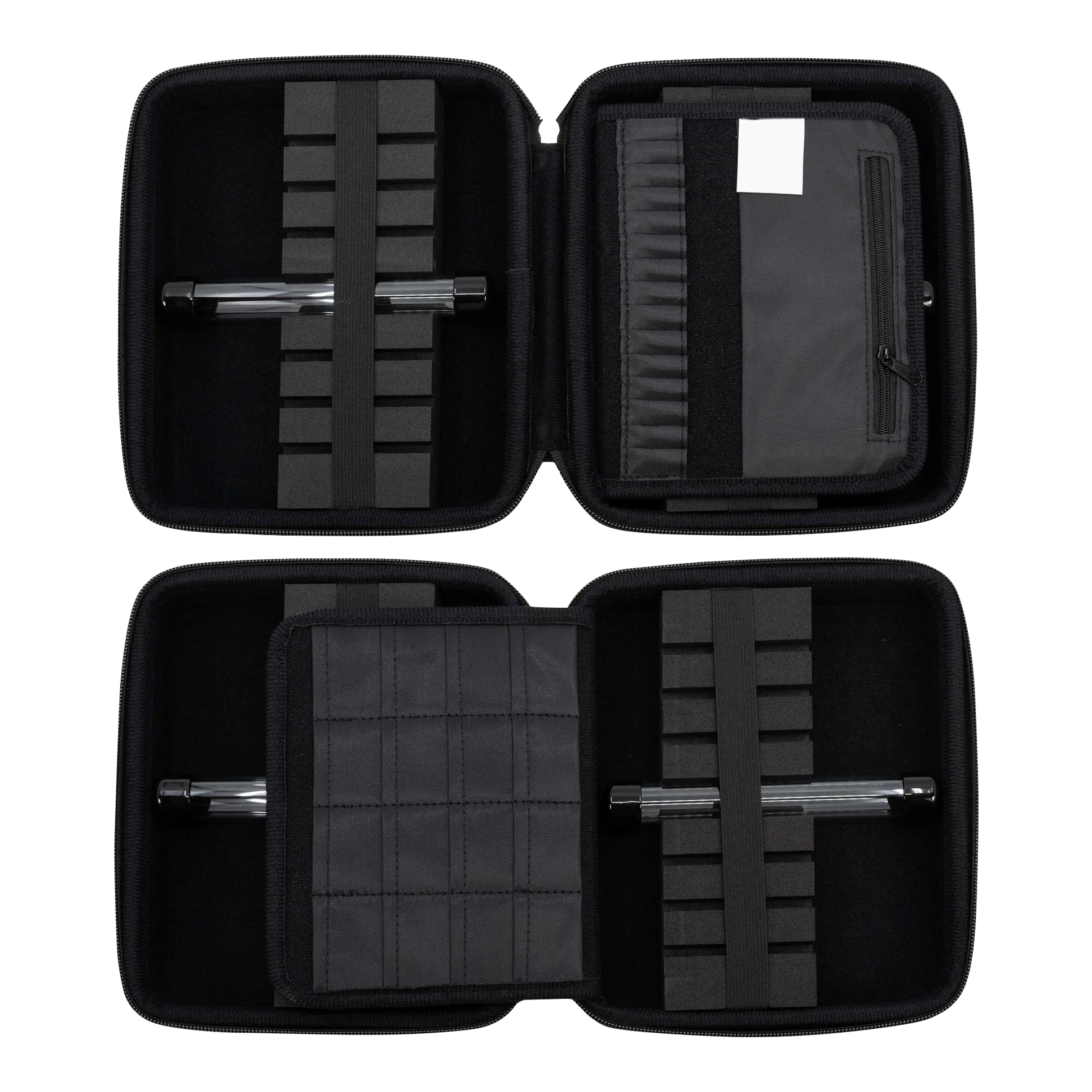 GOAT Locker XXL Dartwallet Das Bild zeigt das geöffnete GOAT Locker XXL Dartwallet mit mehreren Fächern und Halterungen für Dartzubehör. Die Darttasche ist schwarz und bietet viel Platz zur sicheren Aufbewahrung.