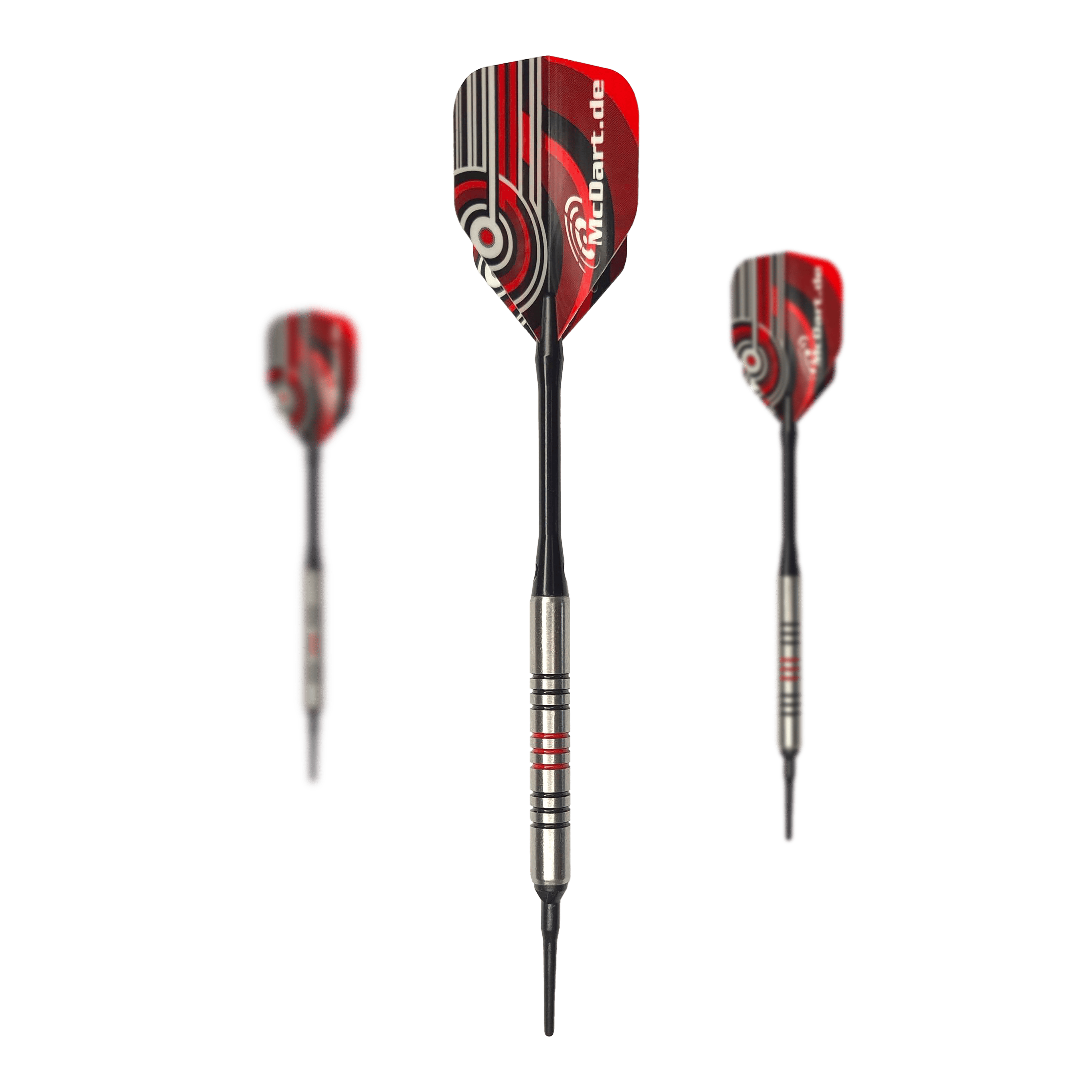 McDart 85er Tungsten V11 Softdarts - 17,5g Das Bild zeigt drei Softdarts des Modells "McDart 85er Tungsten V11" mit einem Gewicht von 17,5 g. Die Darts haben einen silbernen Barrel mit roten Ringen und rote Flights mit grafischem Muster.