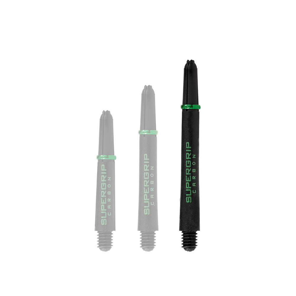 HR362_Harrows_Supergrip_Carbon_Shafts_Gr-n_47mm_1 Das Bild zeigt drei grüne Harrows Supergrip Carbon Shafts in unterschiedlichen Längen. Die Shafts sind schwarz mit grüner Beschriftung und grünen Akzenten.