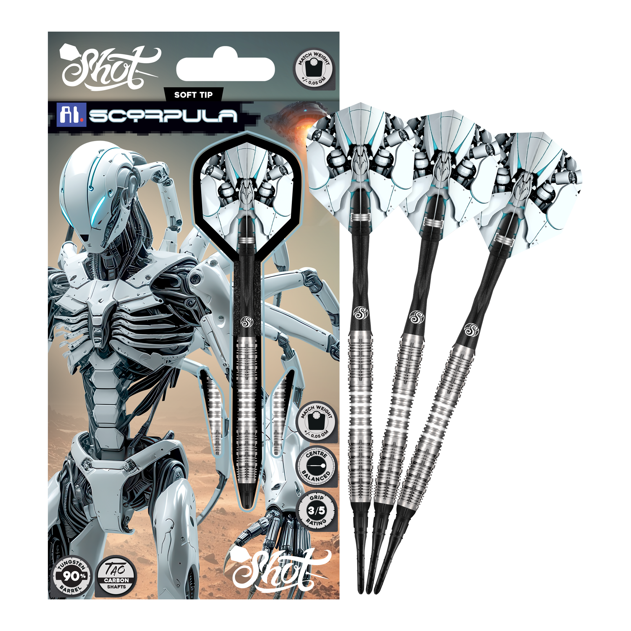 Hier ist der Shot AI Scorpula Softdarts - 20g in voller Länge dargestellt. Der Dart zeichnet sich durch seine hochwertige Verarbeitung aus.
