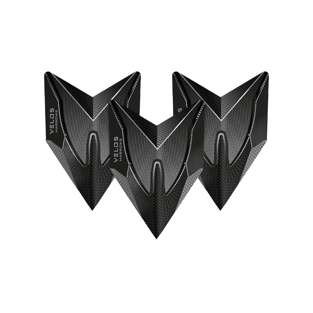 HR1014_Harrows_Smokey_2020_Velos_Flights_1VEE8onxqziQy5 Das Bild zeigt drei schwarze Dartflights des Modells "Harrows Smokey Velos". Die Flights haben ein modernes, grafisches Design mit silbernen Akzenten.