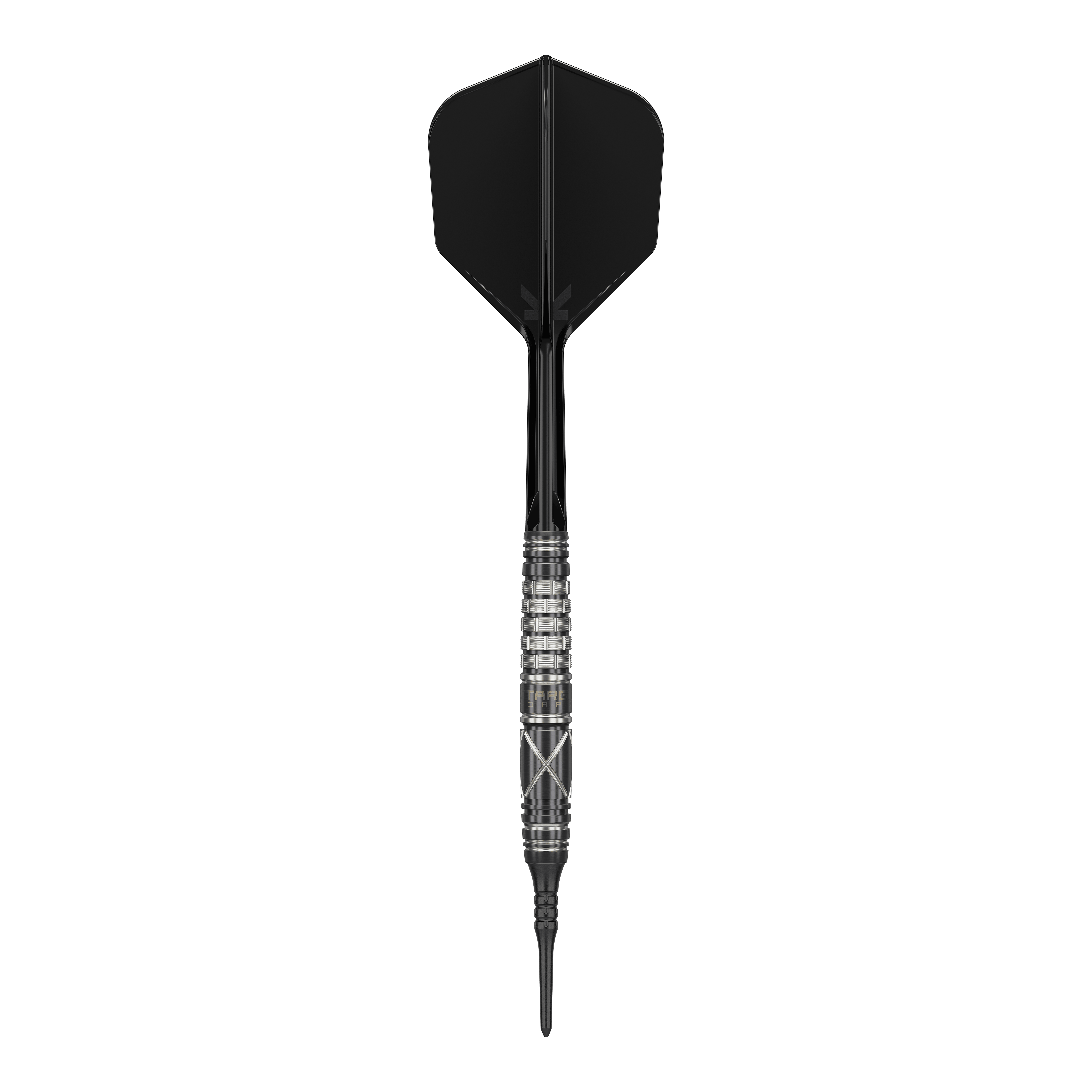 Target Japan Black Marque Chaos 2 Softdarts - 19g Das Bild zeigt einen Softdart namens "Target Japan Black Marque Chaos 2" mit einem Gewicht von 19 Gramm. Der Dart hat ein elegantes, schwarzes Design mit silbernen Akzenten am Griff.