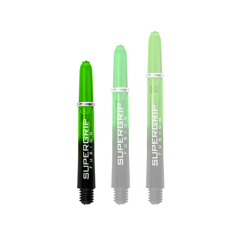 HR339_Harrows_Supergrip_Fusion_Shafts_Gr-n_33mm_1AyoEU4jBDx8l2 Das Bild zeigt drei grüne Harrows Supergrip Fusion Shafts in unterschiedlichen Längen. Die Schrift „Supergrip Fusion“ ist auf jedem Schaft in Weiß zu sehen.