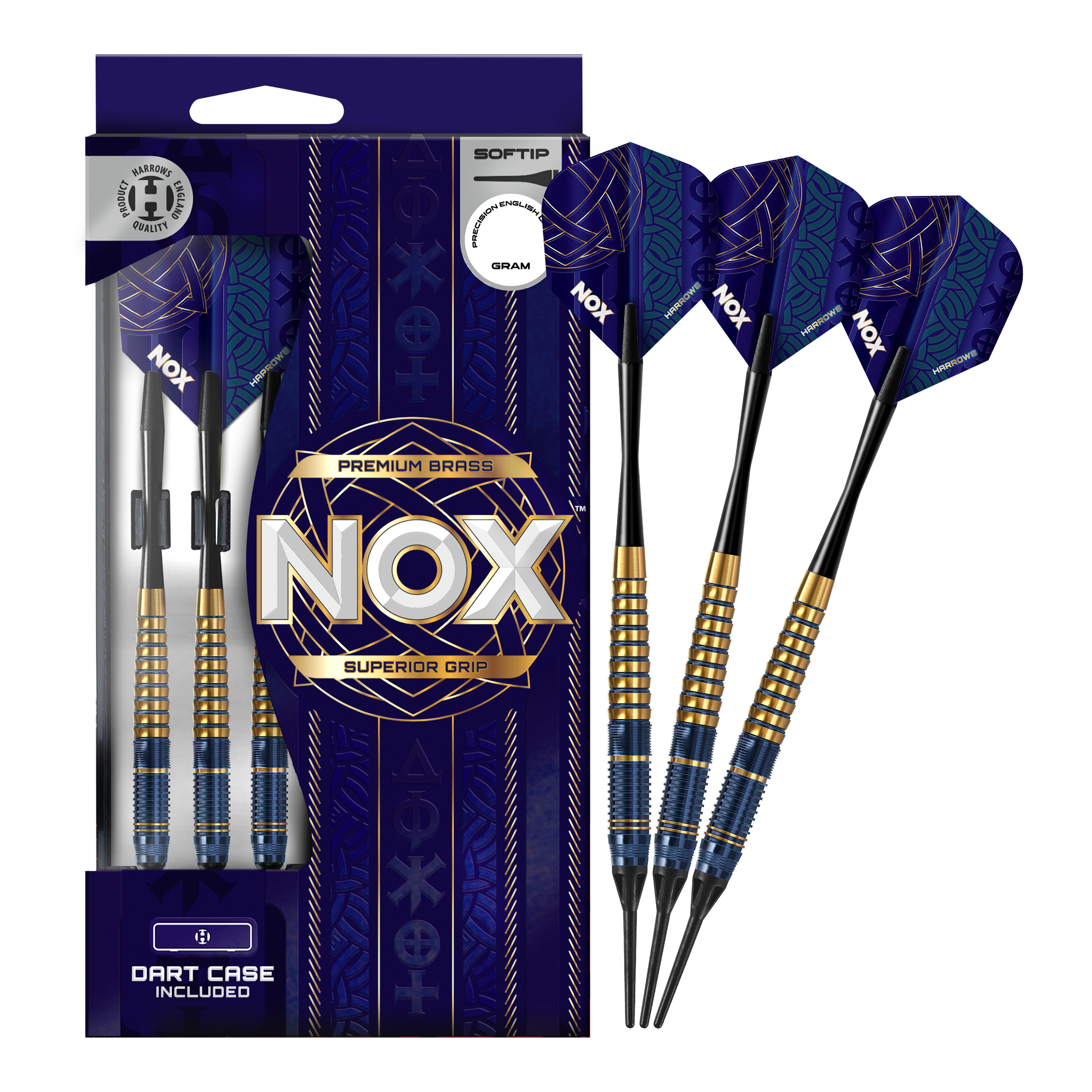 Harrows Nox Premium Brass Softdarts Das Bild zeigt die Harrows Nox Premium Brass Softdarts. Es handelt sich um hochwertige Dartpfeile für Softdart-Spieler.
