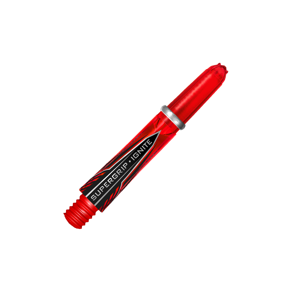 HR383_Harrows_Supergrip_Ignite_Shafts_Rot_33mm_2 Das Bild zeigt einen roten Harrows Supergrip Ignite Shaft für Darts. Auf dem Schaft steht der Schriftzug "Supergrip Ignite".