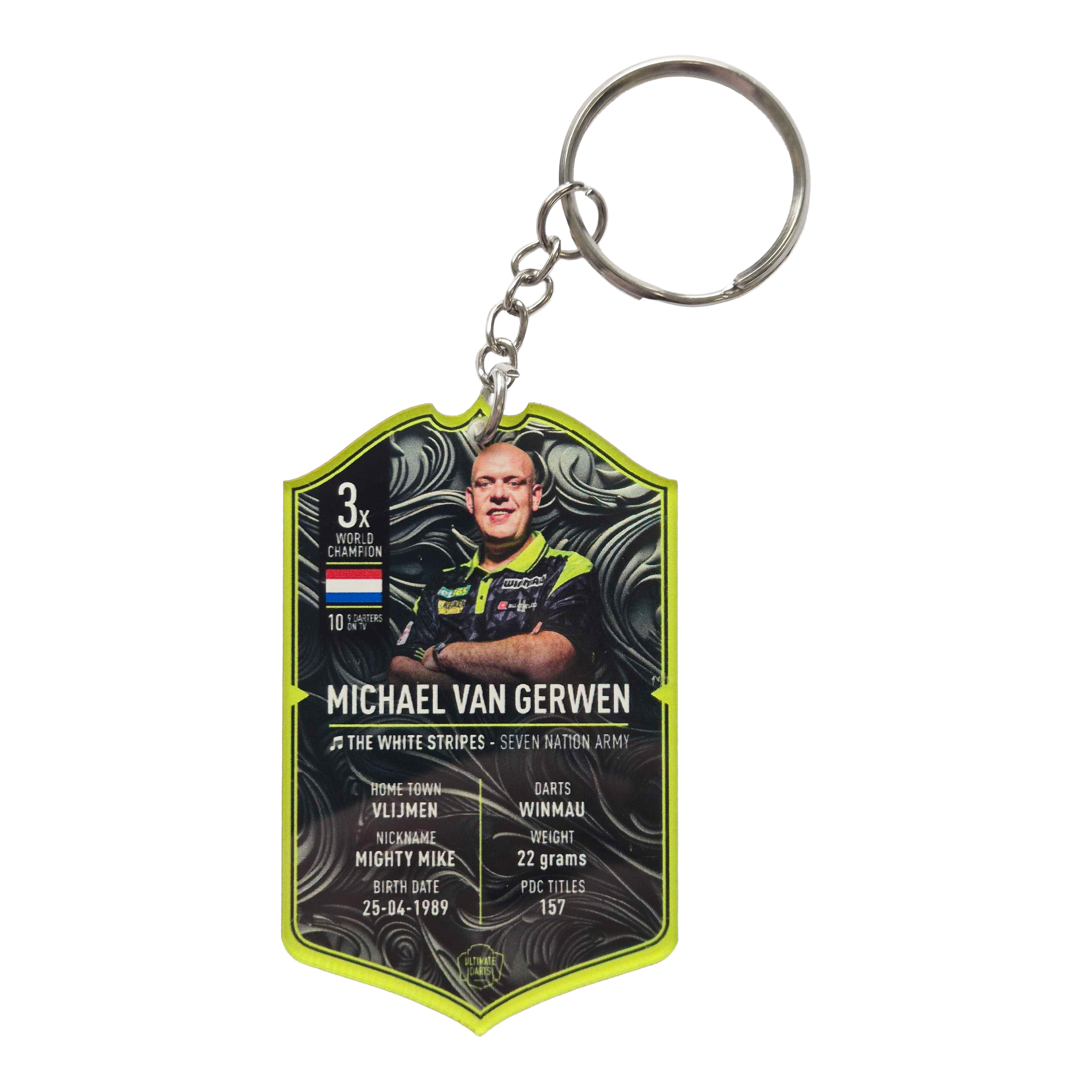 Ultimate Darts Card Schlüsselanhänger - Michael Van Gerwen Ultimate Darts Card Schlüsselanhänger - Michael Van Gerwen ist zu sehen. Der Schlüsselanhänger zeigt ein Motiv des berühmten Dartspielers Michael Van Gerwen.
