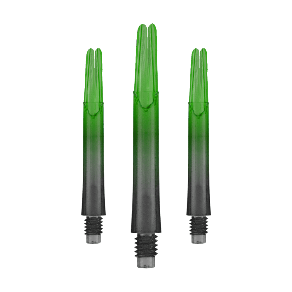 L-Style L-Shaft Locked Straight Natural9 TwoTone Shafts - Grün Auf dem Bild sind drei grün-schwarze Dartschäfte zu sehen. Sie sind gerade geformt und haben ein Schraubgewinde am unteren Ende.