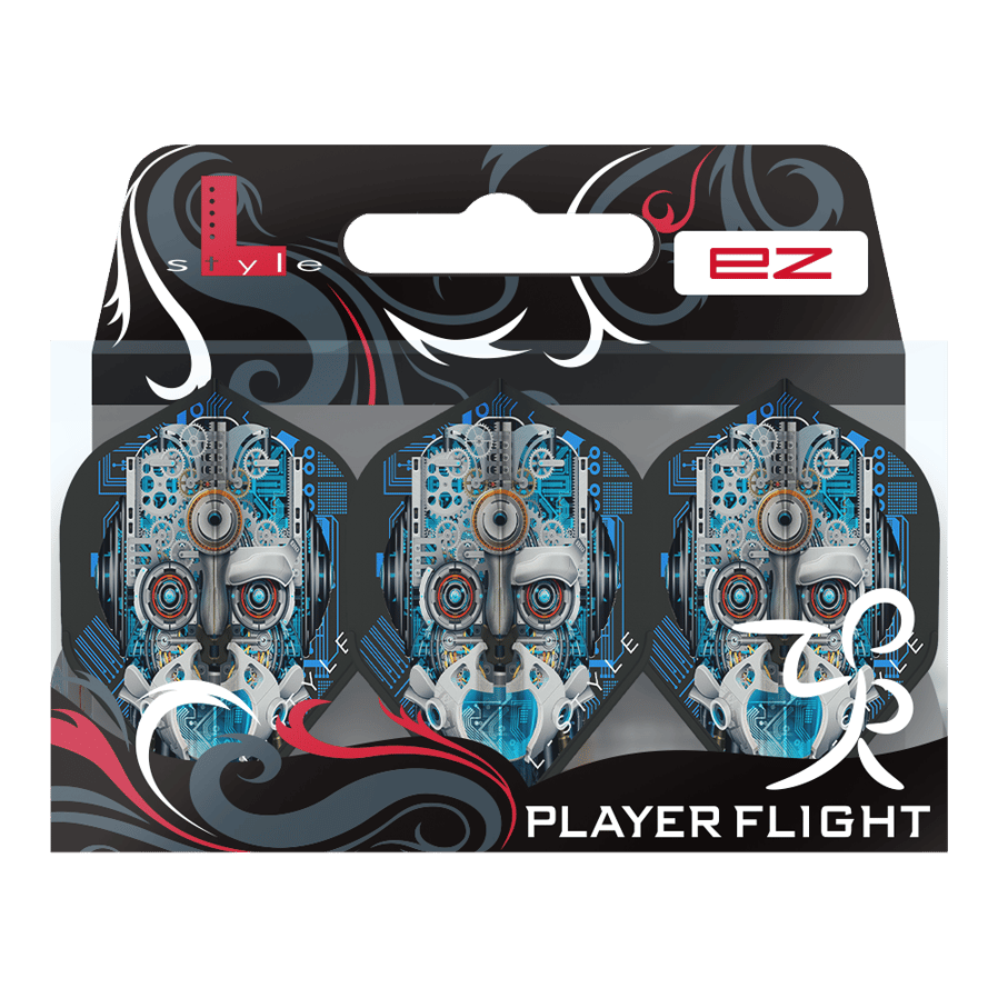 L-Style Berry Van Peer V3 Black L1EZ Flights Das Bild zeigt eine Packung mit drei "L-Style Berry Van Peer V3 Black L1EZ Flights". Auf den Flights ist ein auffälliges, technisches Roboter-Gesicht in Blau- und Grautönen abgebildet.