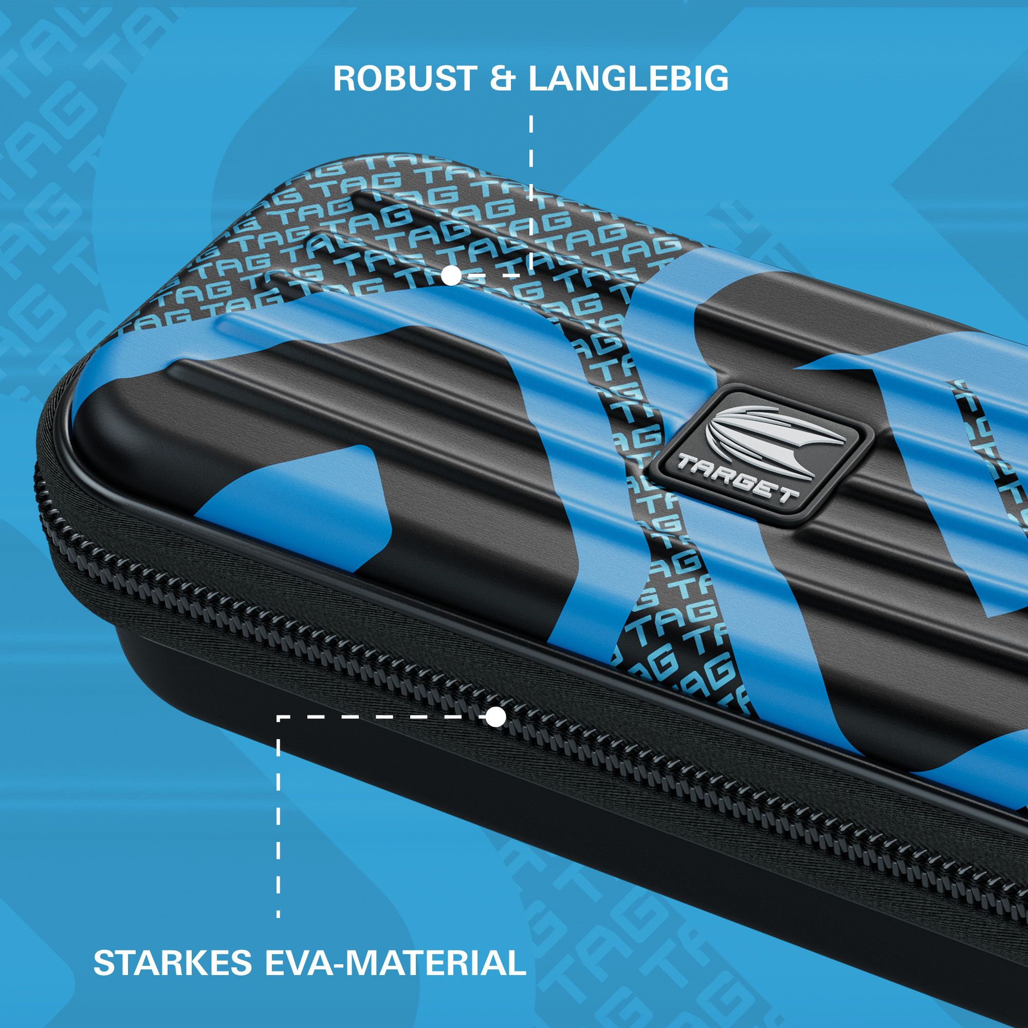 Das Bild zeigt ein robustes Dartcase in Blau-Schwarz mit dem Logo der Marke "Target". Es besteht aus starkem EVA-Material und ist langlebig.