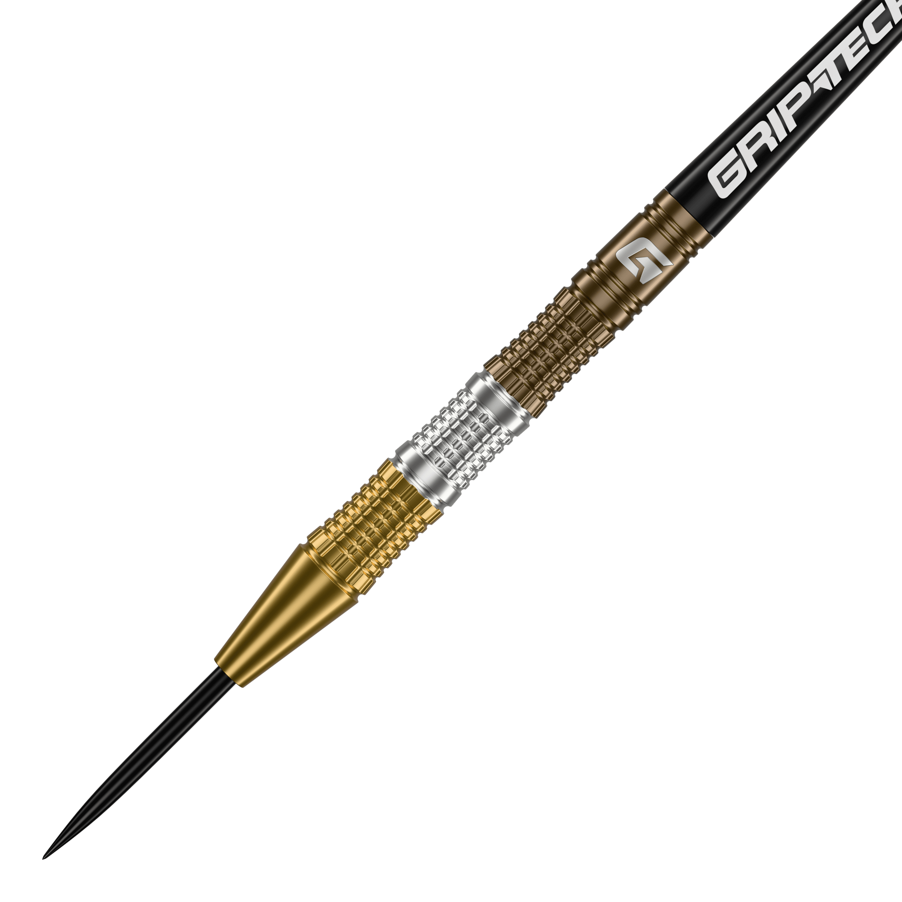 GOAT Ceremony Tungsten Steeldarts Dies ist ein GOAT Ceremony Tungsten Steeldart mit einem goldenen und silbernen Griffbereich. Auf dem Schaft steht das Wort "GRIPTECH".