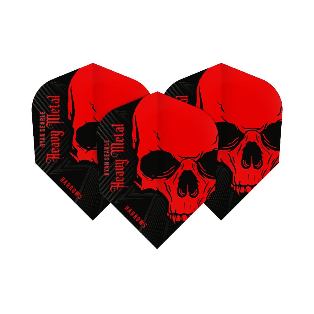 Harrows Ryan Searle Heavy Metal No6 Flights Das Bild zeigt die Harrows Ryan Searle Heavy Metal No6 Flights. Die Flights sind schwarz und rot gestaltet und zeigen einen auffälligen Totenkopf mit dem Schriftzug "Heavy Metal".