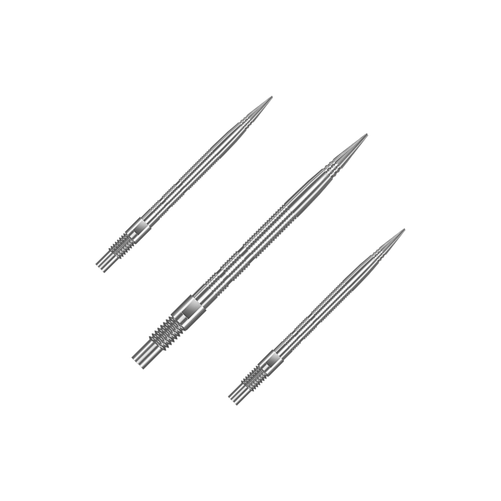 Harrows Quick Point Micro Ridge Dartspitzen - Silber Abgebildet ist ein Set silberner Harrows Quick Point MicroRidge Dartspitzen mit 30 mm Länge. Das Set enthält mehrere Dartspitzen in gleichmäßiger Anordnung.