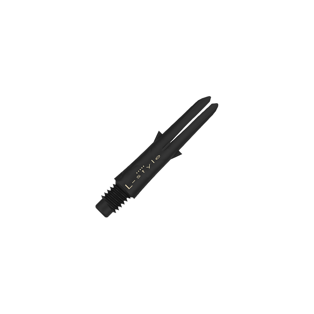 L-Style Carbon Shafts 130 Das Bild zeigt einen schwarzen Dart-Schaft aus Carbon mit der Aufschrift "L-style". Der Schaft ist ohne Kappen und hat ein Gewinde am unteren Ende.