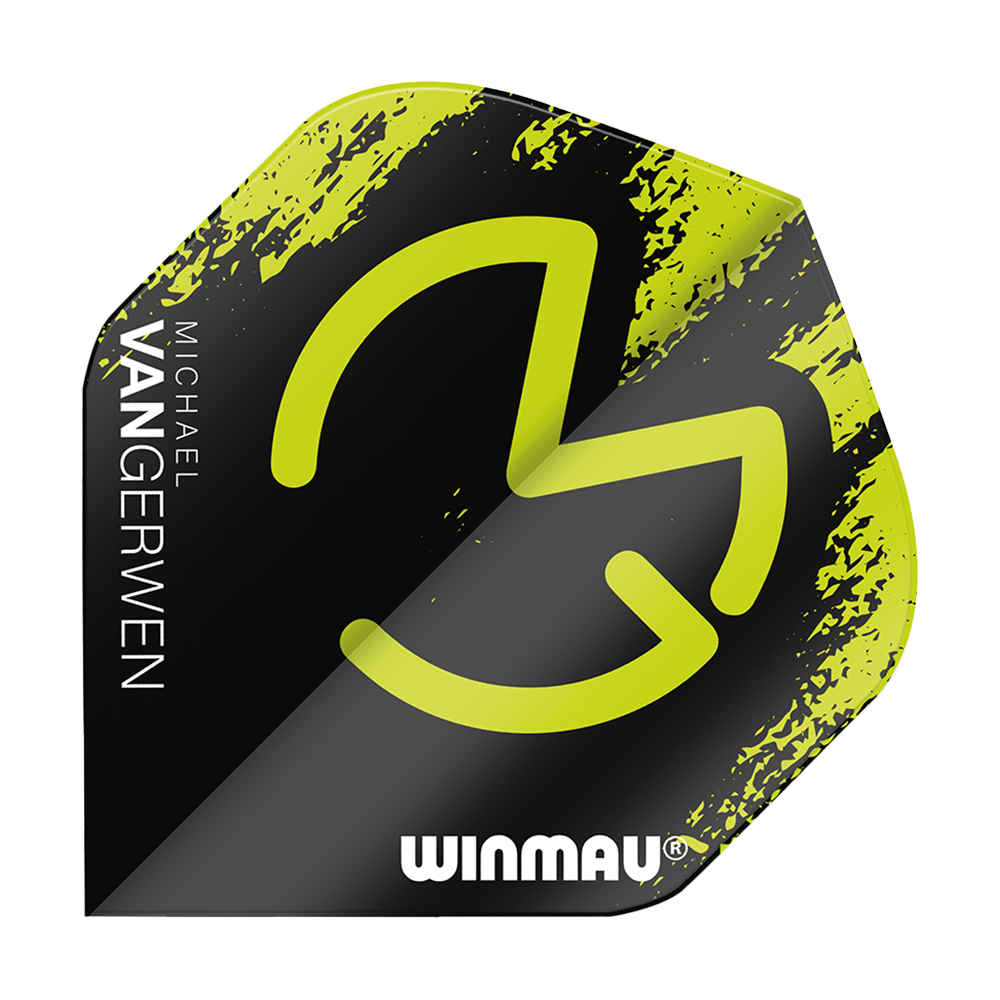 6900-234_Winmau_Mega_MvG_Green_Black_Standard_Flights_1IegHensjrWwb1 Das Bild zeigt das Produkt "Winmau Mega MvG Green Black Standard Flights". Es ist überwiegend schwarz mit grünen Akzenten und trägt den Namen "Michael van Gerwen" sowie das Winmau-Logo.