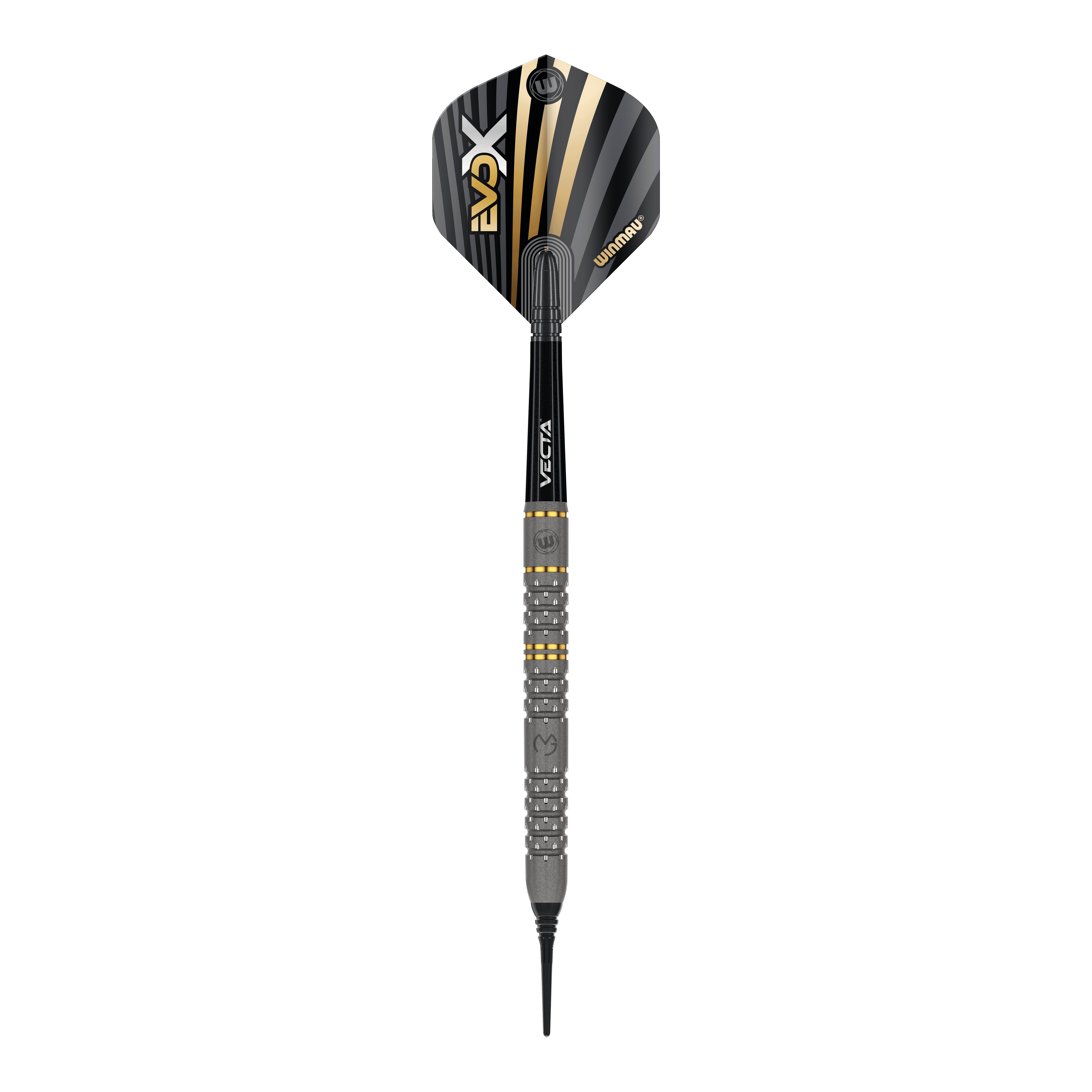 Das Bild zeigt einen Winmau Michael Van Gerwen Evo-X Softdart mit einem Gewicht von 20g. Der Dart hat ein modernes Design mit schwarz-goldenen Akzenten und einer strukturierten Griffzone.