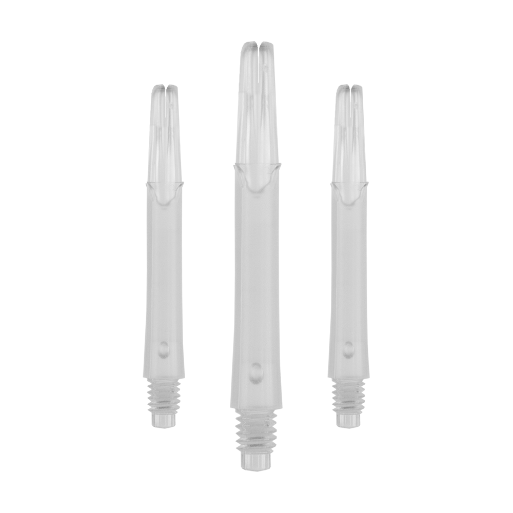 L-Style L-Shafts Locked Straight - Clear 260 Auf dem Bild sind drei durchsichtige, gerade Shafts für Dartpfeile zu sehen. Sie haben ein Gewinde am unteren Ende und sind ohne Kappen abgebildet.