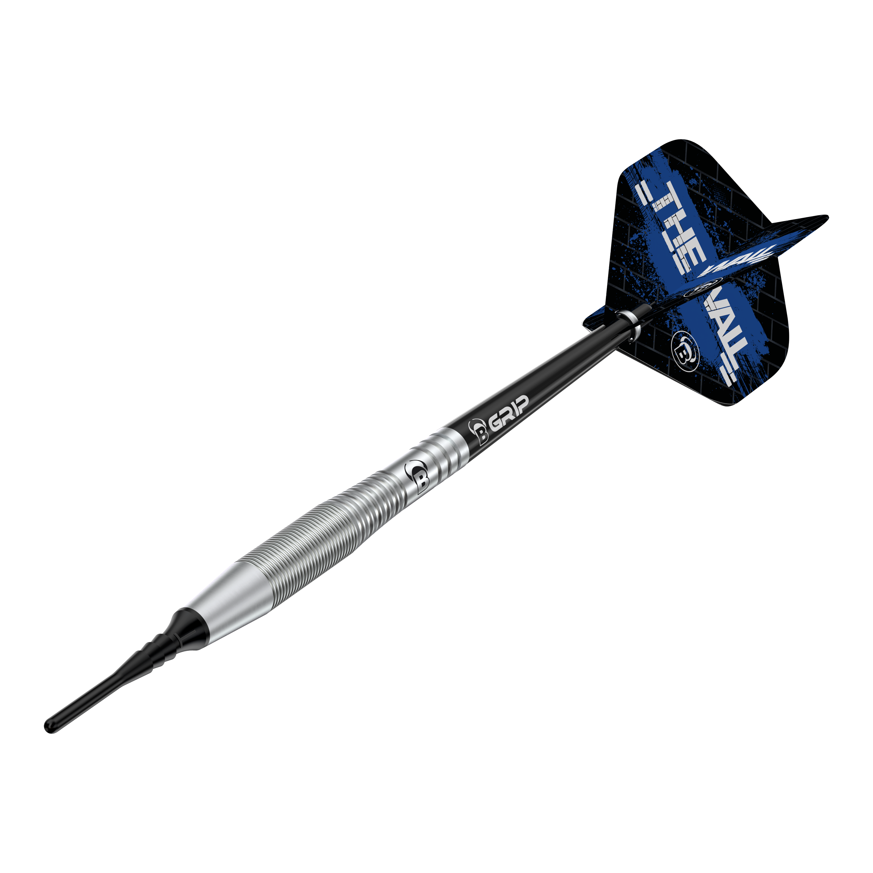 Bulls Martin Schindler TW80 Softdarts - 18g Auf dem Bild ist der Bulls Martin Schindler TW80 Softdart mit einem Gewicht von 18g zu sehen. Der Dart hat ein silbernes Barrel und schwarze Flights mit blauem Design.