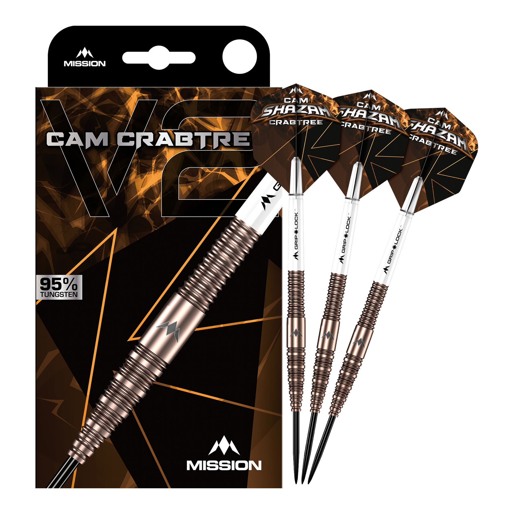 Mission Cam Crabtree V2 95% Tungsten Steeldarts Das Bild zeigt die Mission Cam Crabtree V2 Steeldarts in voller Ansicht. Es handelt sich um ein Set von Steeldarts, präsentiert von vorne.