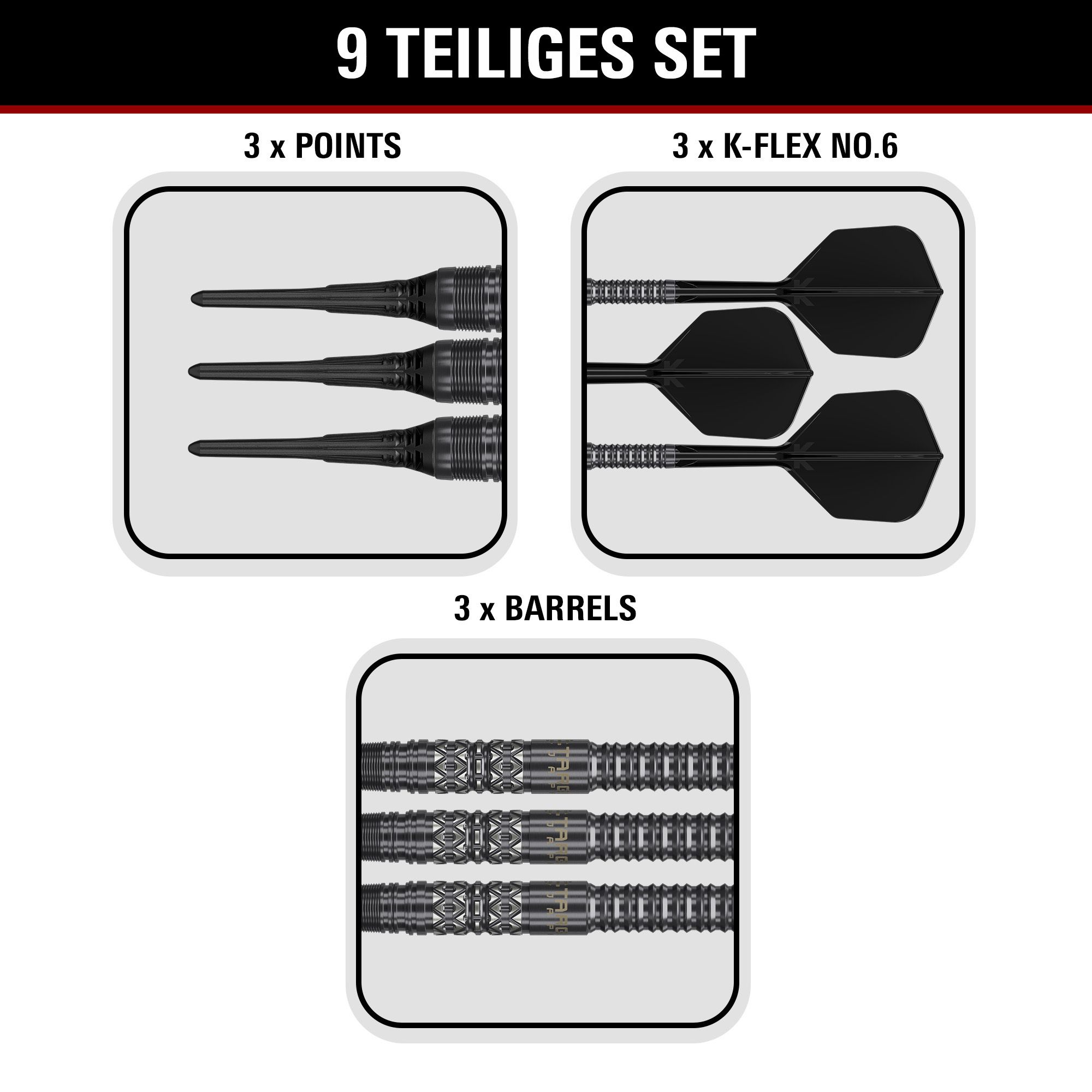 Target Black Marque Creed Softdarts - 21,5g Produktbild der Target Black Marque Creed Softdarts mit einem Gewicht von 21,5g. Die Darts sind auf hellem Hintergrund abgebildet.