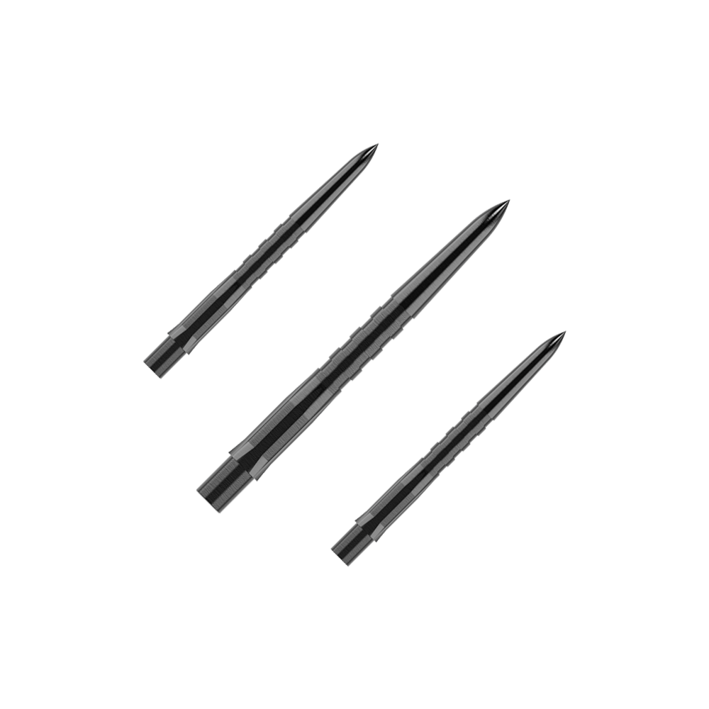 Das Bild zeigt drei schwarze, gerillte Steeldartspitzen, die parallel zueinander liegen. Die Spitzen sind spitz zulaufend und haben eine glänzende Oberfläche.