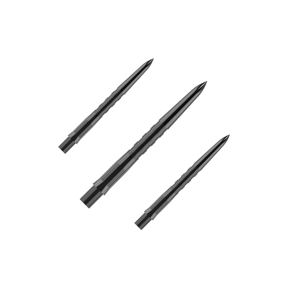 Caliburn System Steeldartspitzen - Grooved - Schwarz Das Bild zeigt drei schwarze, gerillte Steeldartspitzen, die parallel zueinander liegen. Die Spitzen sind spitz zulaufend und haben eine glänzende Oberfläche.