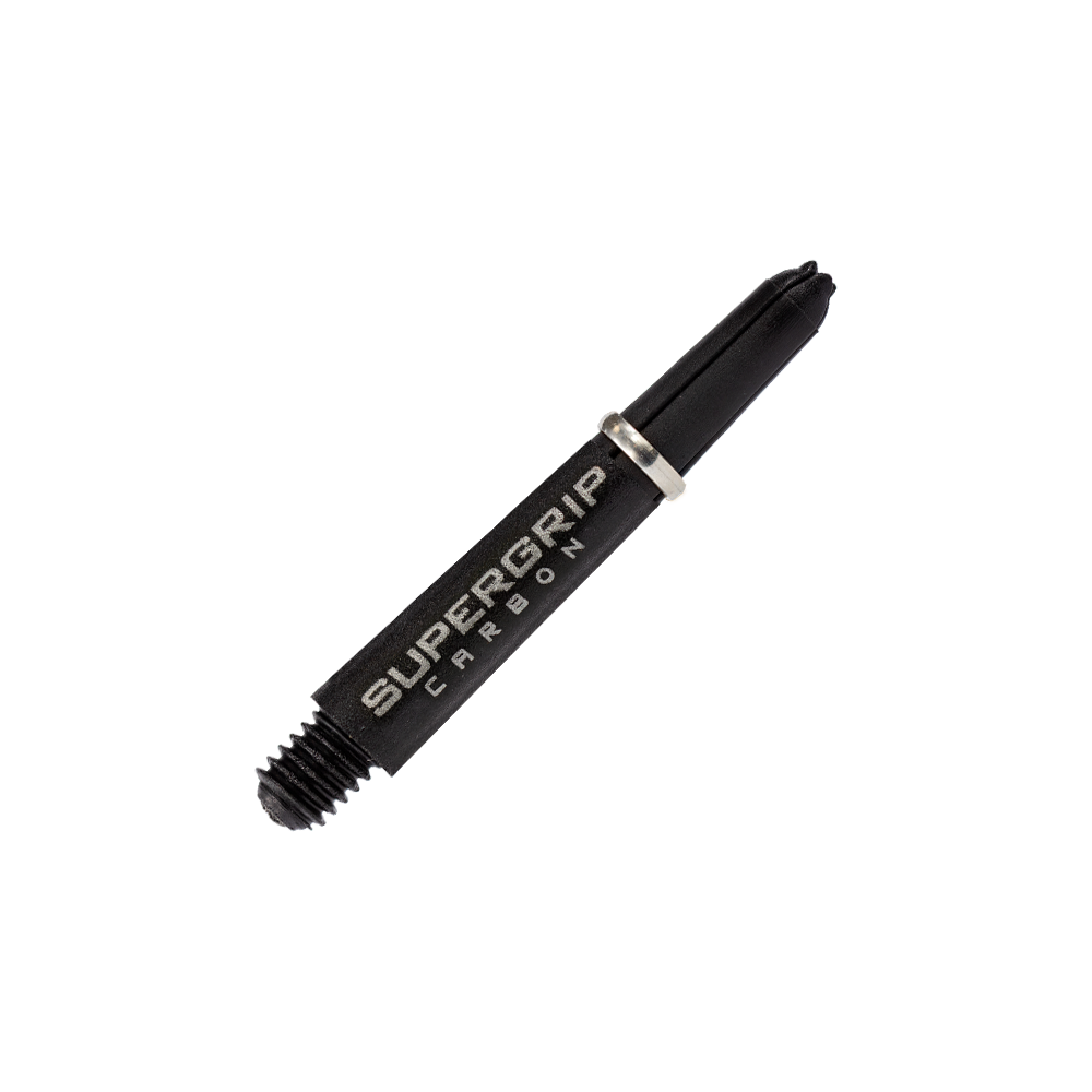 HR354_Harrows_Supergrip_Carbon_Shafts_Silber_33mm_2 Das Bild zeigt einen Harrows Supergrip Carbon Shaft in Silber. Der Schaft ist schwarz mit silberner Schrift und einem silbernen Ring.