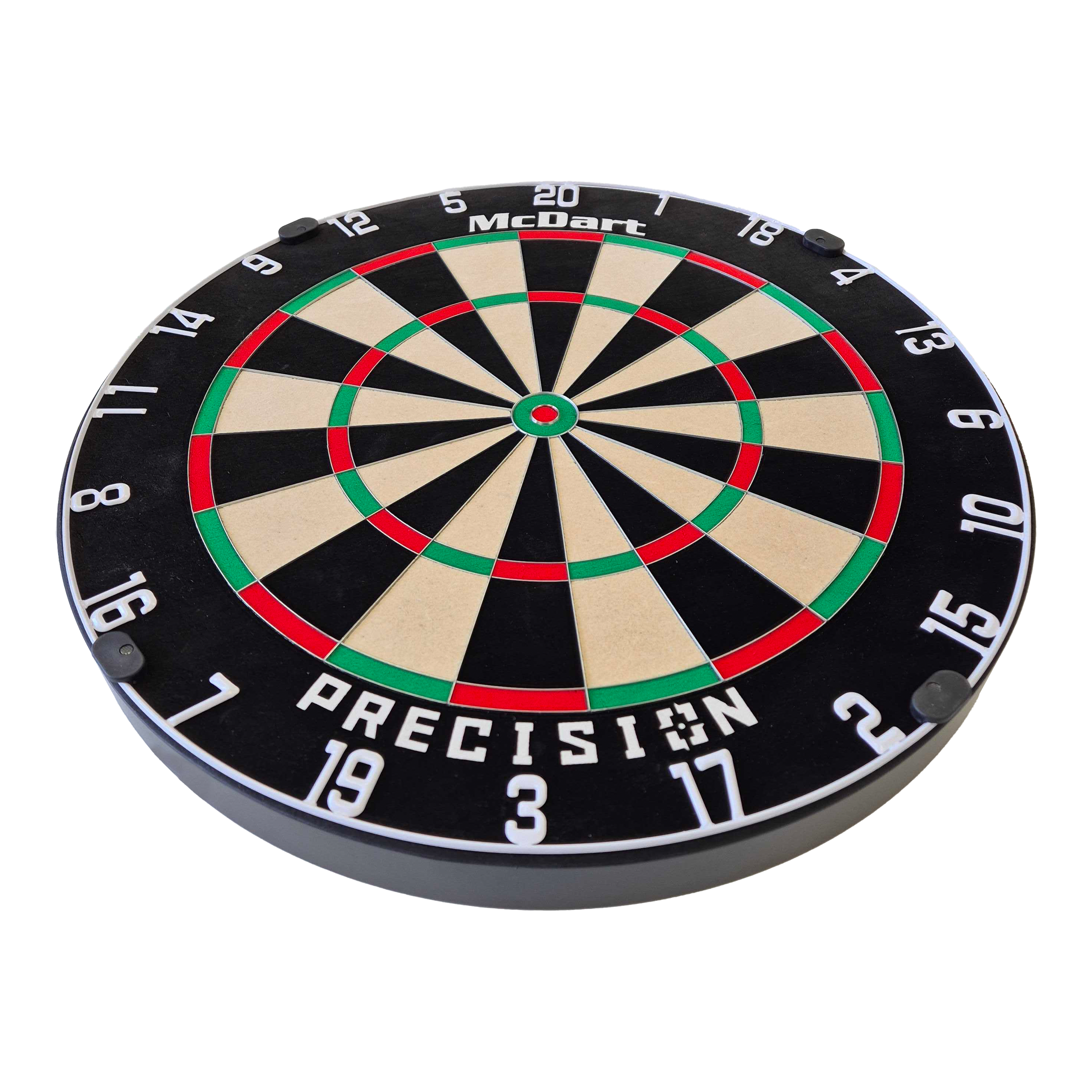 Dies ist ein McDart Precision Steeldartboard. Die Scheibe hat ein klassisches Design mit klarer Nummerierung und farbigen Markierungen.