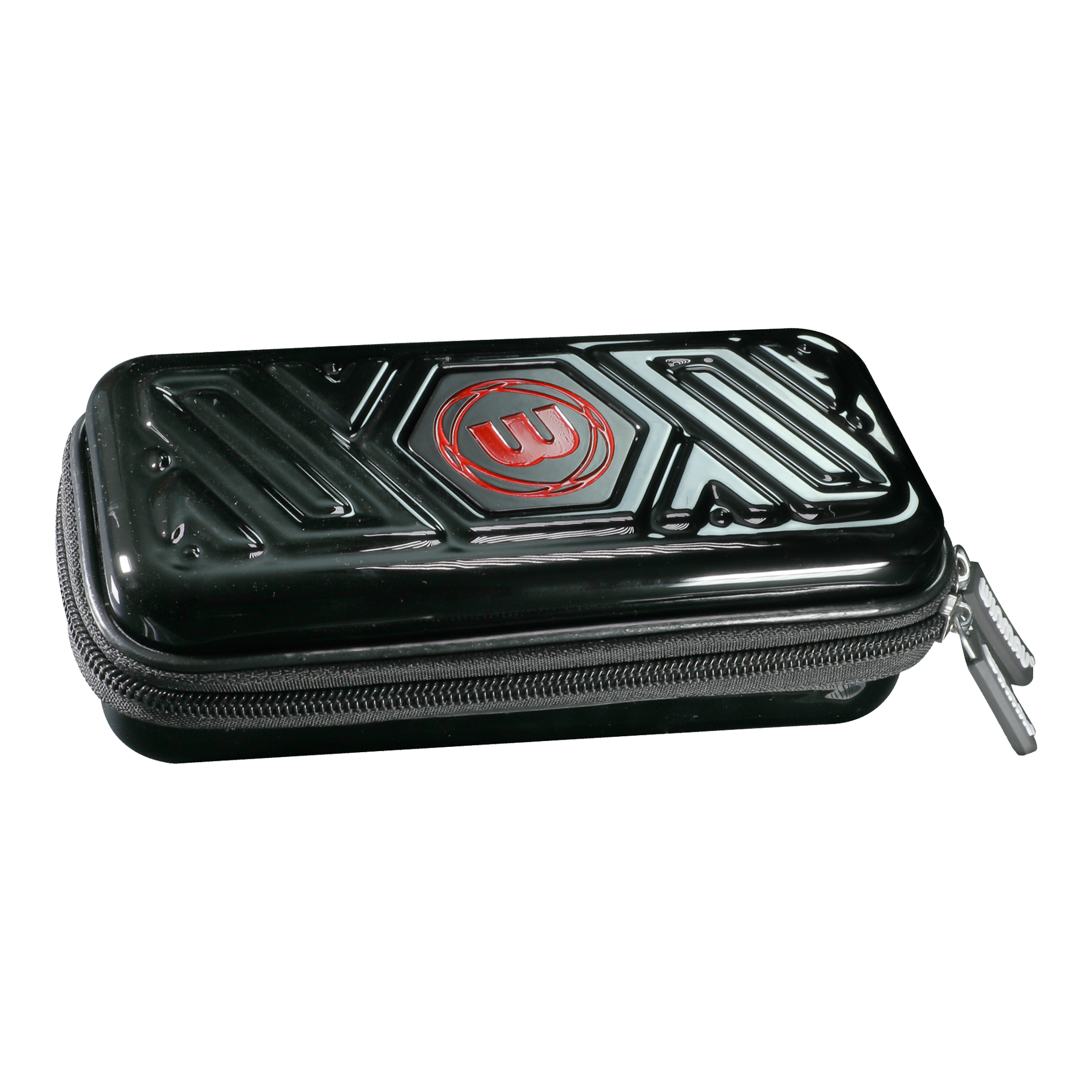 Winmau Armor G1 Dartwallet Das Bild zeigt ein schwarzes Dart-Etui mit einem Reißverschluss. Auf dem Etui ist ein rotes Logo zu sehen.