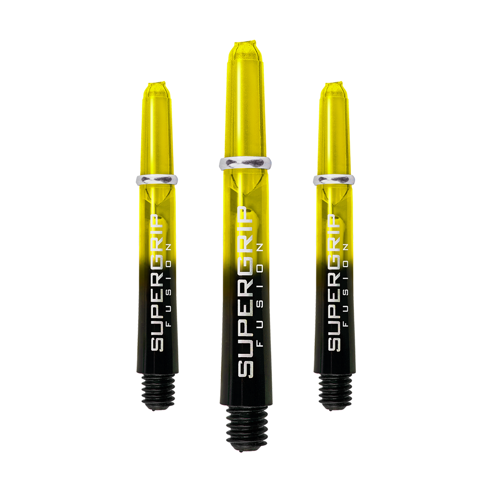 Das Bild zeigt drei gelbe Harrows Supergrip Fusion Shafts. Die Schäfte sind unten schwarz und oben durchsichtig gelb gefärbt.