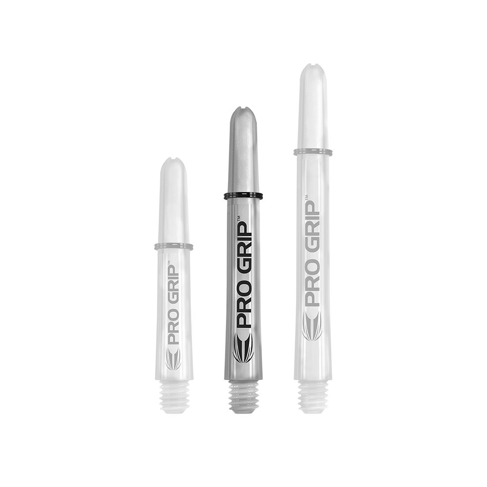 Das Bild zeigt drei durchsichtige "Pro Grip" Schäfte für Darts in unterschiedlicher Länge. Sie sind alle vertikal aufgereiht und haben die Aufschrift "PRO GRIP".
