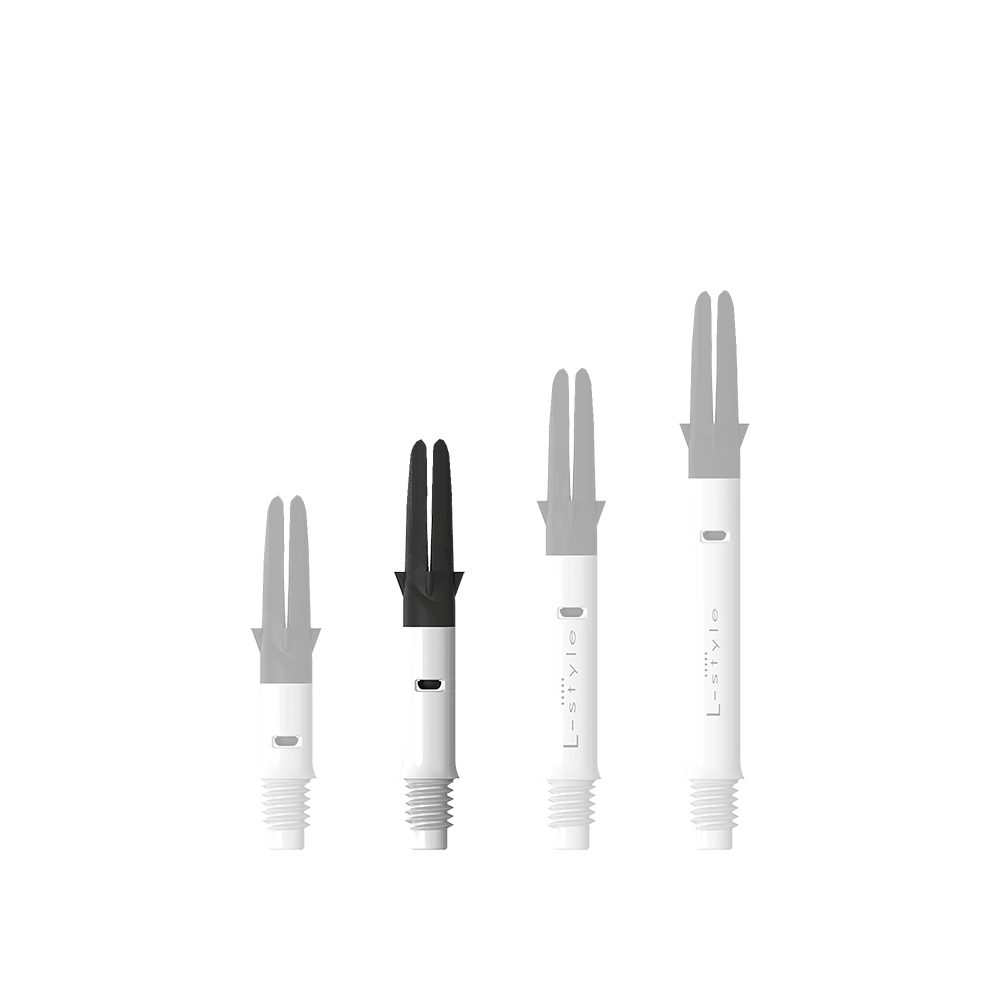 Zu sehen ist der L-Style L-Shaft Carbon Silent Straight in Weiß, Modell 190. Es handelt sich um ein hochwertiges Dartshaft-Zubehör.