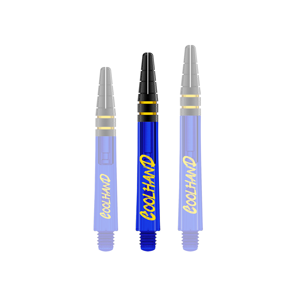 Red Dragon Nitrotech Luke Humphries Coolhand Shafts - Blau Auf dem Bild sind drei blaue Dart-Schäfte mit der gelben Aufschrift "COOLHAND" zu sehen. Die Schäfte haben schwarze und goldene Akzente am oberen Ende.