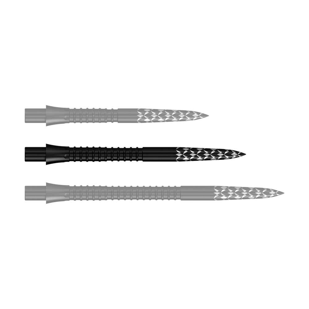 Das Bild zeigt schwarze Steeldartspitzen mit einer Länge von 32 mm. Es handelt sich um die Mission Caliburn EVO GV-Logo Steeldartspitzen.