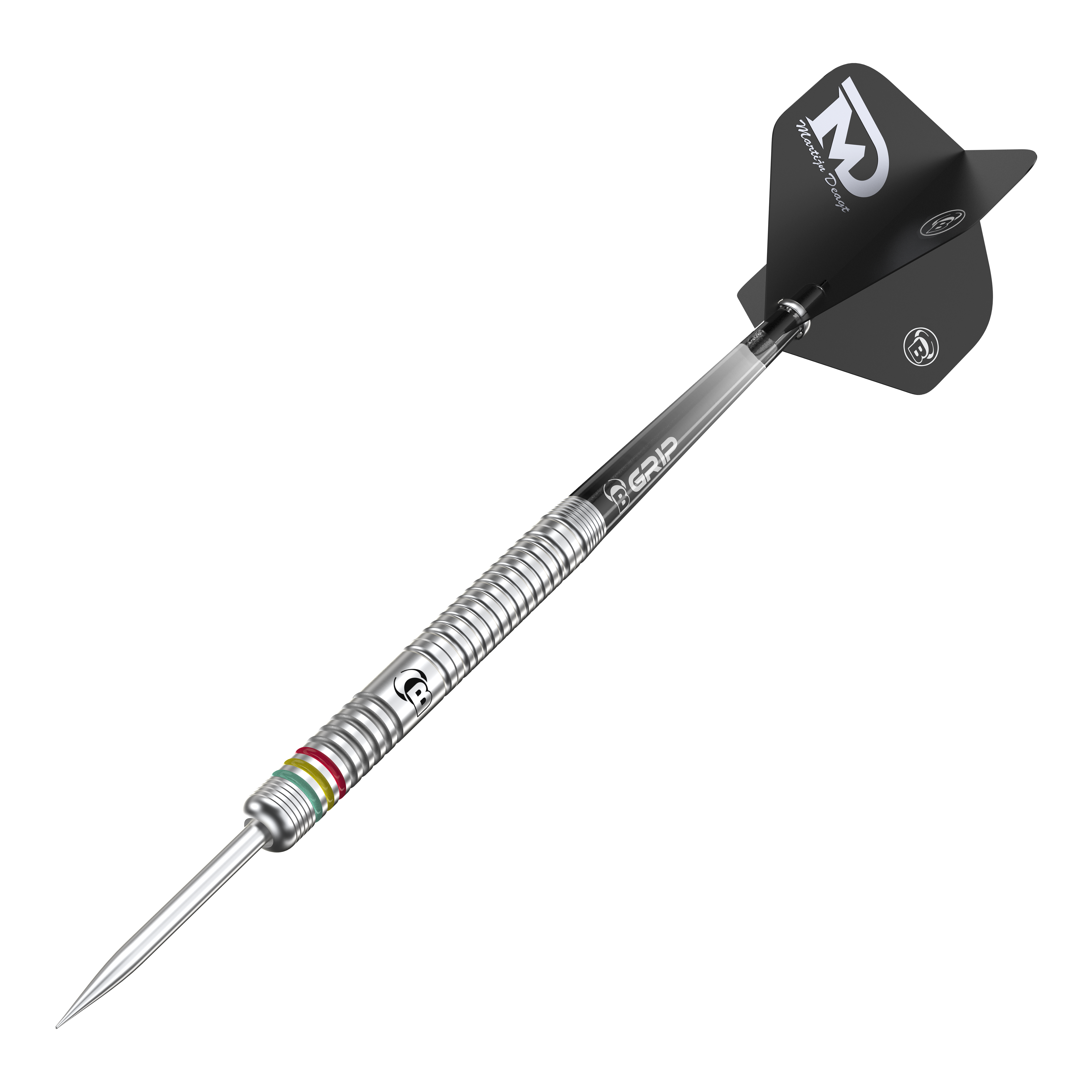 Bulls Martijn Dragt Steeldarts - 24g Auf dem Bild ist ein Bulls Martijn Dragt Steeldart mit einem Gewicht von 24g zu sehen. Der Dartpfeil hat einen silbernen, gerillten Schaft und schwarze Flights mit weißer Aufschrift.