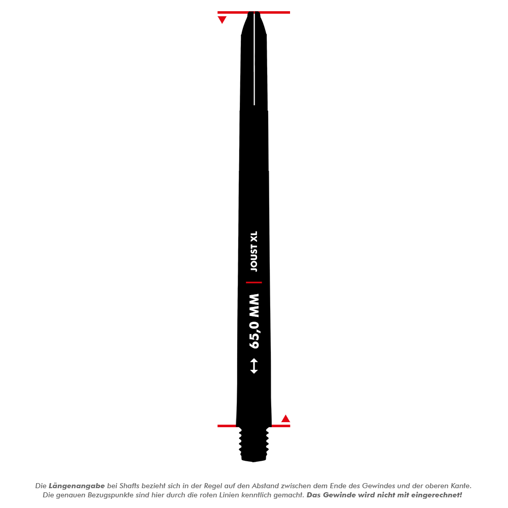 C816_Red_Dragon_Joust_XL_Shafts_5_65mmonCMClVnTlF6n Das Bild zeigt einen weißen Red Dragon Joust XL Shaft mit einer Länge von 65 mm. Die Messpunkte sind durch rote Linien am oberen und unteren Ende markiert.