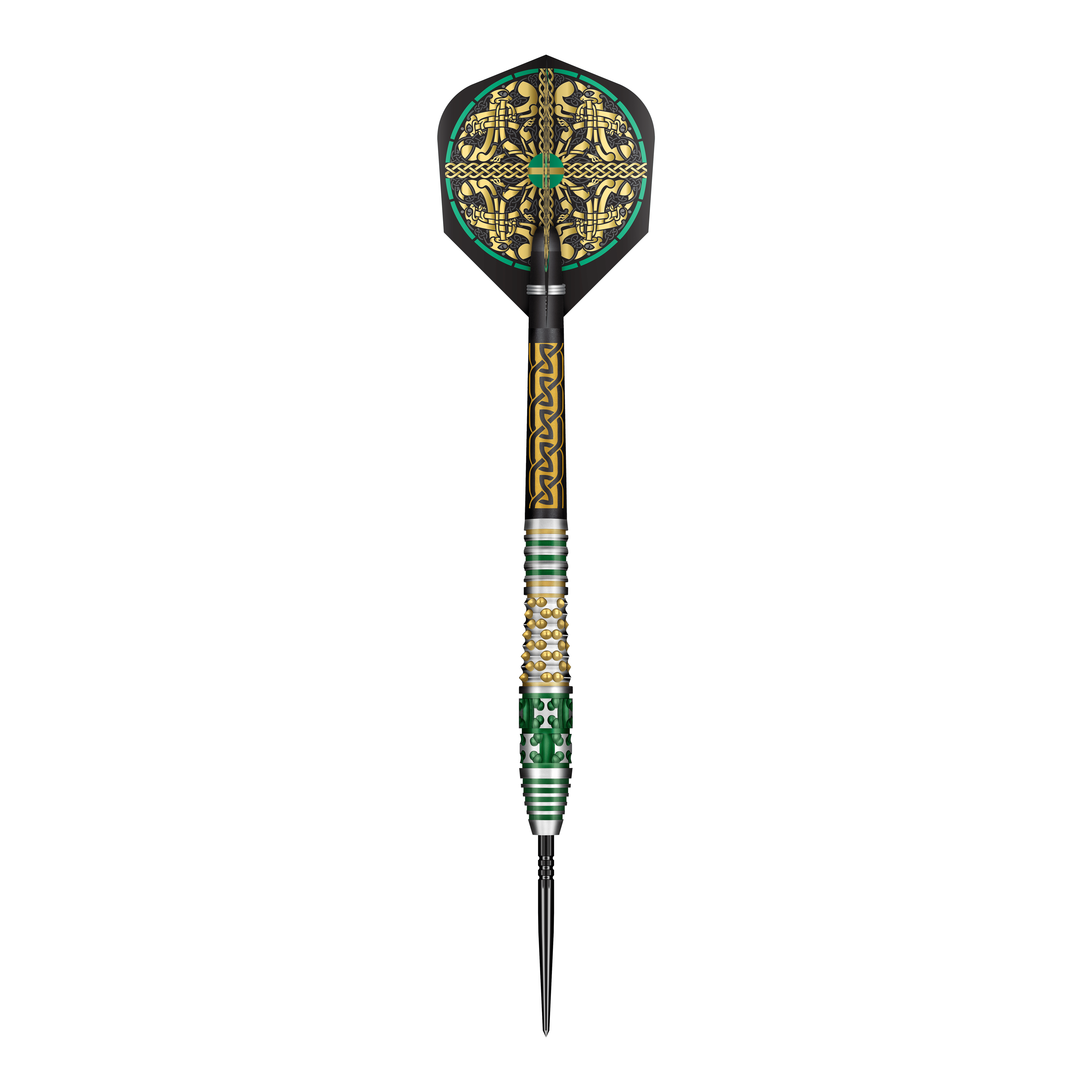 Das Bild zeigt ein Set Shot Celt Cernunnos TurboPoints Steeldarts. Die Darts sind in einer Linie angeordnet.