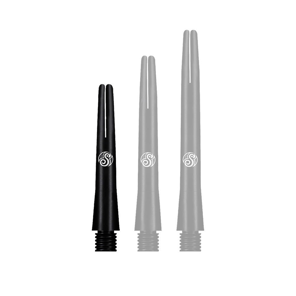 SM3809-S_Shot_Aluminium_Shafts_Black_35mm_1iTlUwH1WCQQFe Das Bild zeigt drei schwarze Aluminiumschäfte in unterschiedlichen Längen. Auf jedem Schaft ist ein weißes Logo abgebildet.
