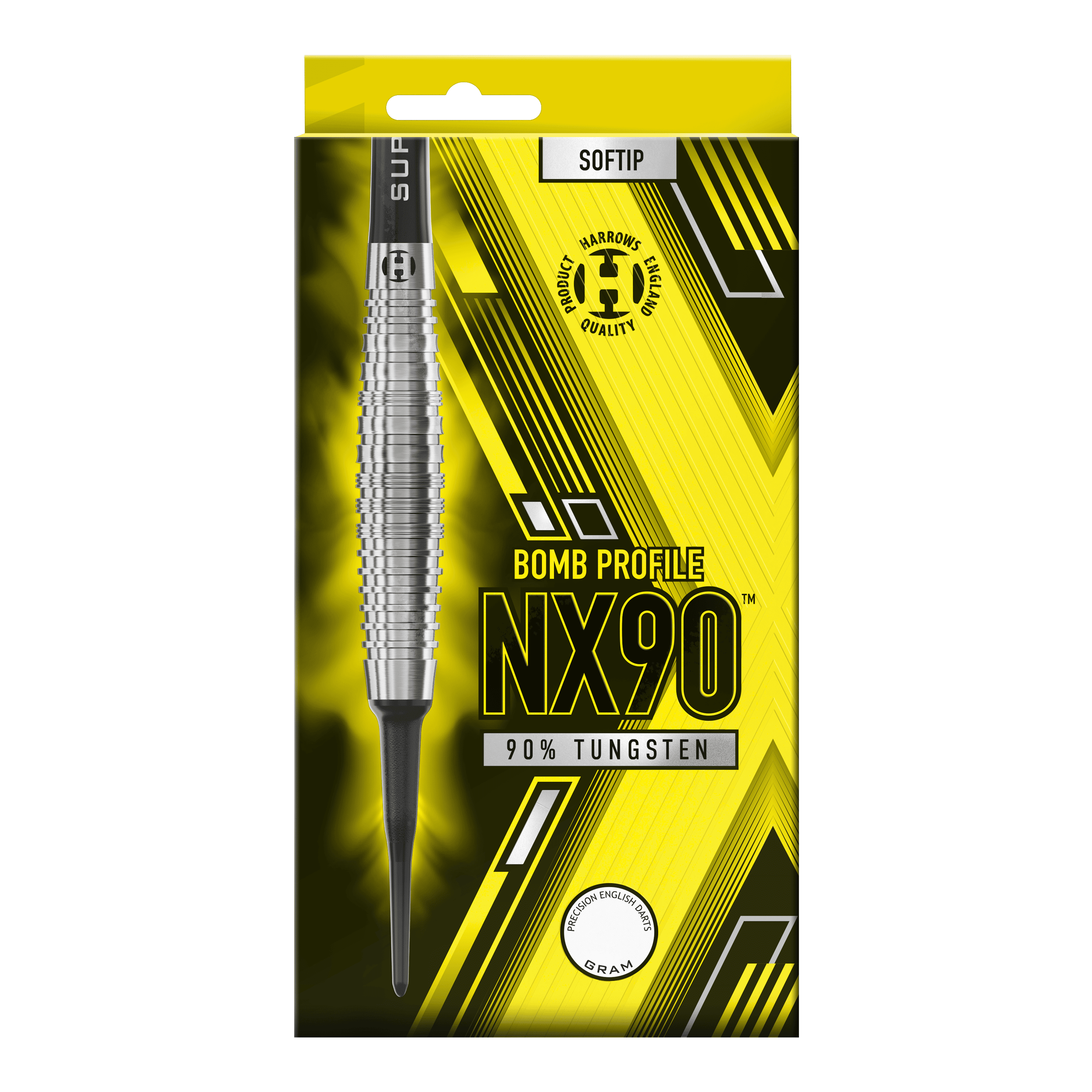 Harrows NX90 Bomb Softdarts Die Verpackung zeigt die "Harrows NX90 Bomb Softdarts" mit einem auffälligen gelb-schwarzen Design. Auf der Vorderseite steht, dass die Darts aus 90% Tungsten bestehen und eine Bombenform haben.
