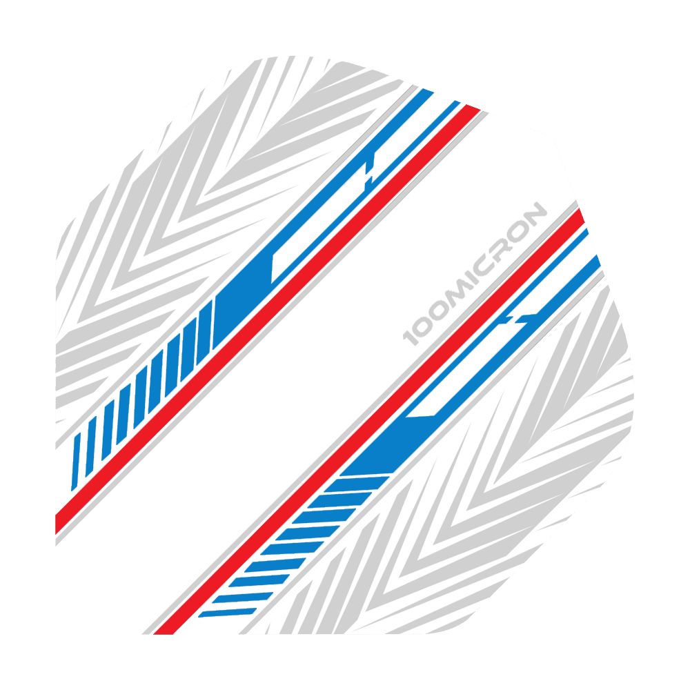 Pentathlon Flights weiß/blau/rot Das Bild zeigt ein Dart-Flight mit einem weißen Hintergrund und blauen sowie roten Linien. Auf dem Flight ist außerdem ein graues Muster und der Schriftzug „100 MICRON“ zu sehen.
