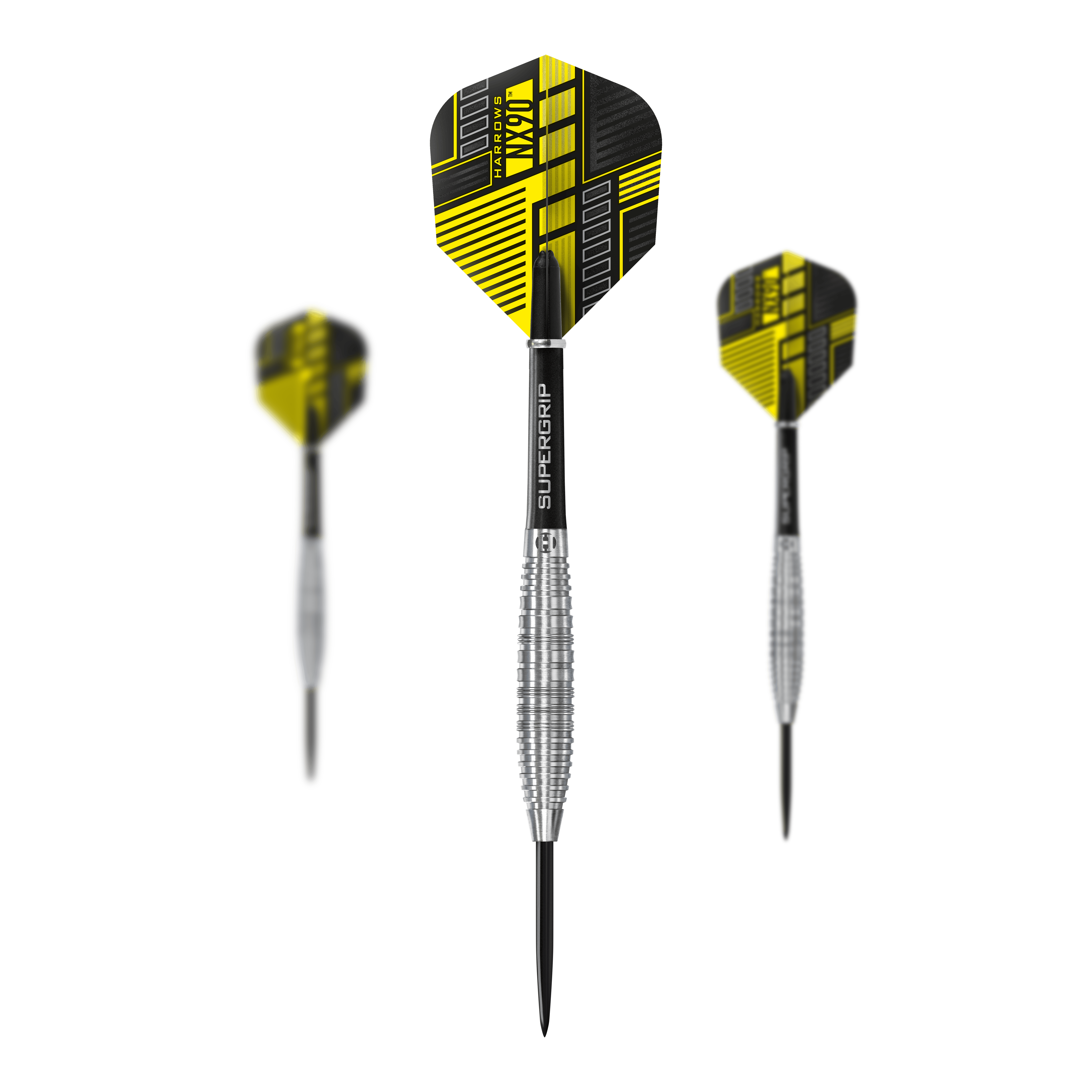 Harrows NX90 Bomb Steeldarts Das Bild zeigt drei Steeldarts des Modells "Harrows NX90 Bomb". Die Darts haben silberne Spitzen und Schäfte, sowie gelb-schwarze Flights mit modernem Design.