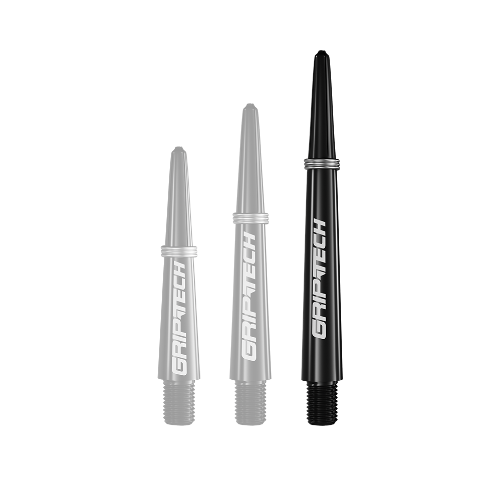 GOAT Griptech Shafts - Schwarz Auf dem Bild sind drei schwarze Dartschäfte in verschiedenen Längen zu sehen. Auf jedem Schaft steht das weiße Logo "GRIPTECH".