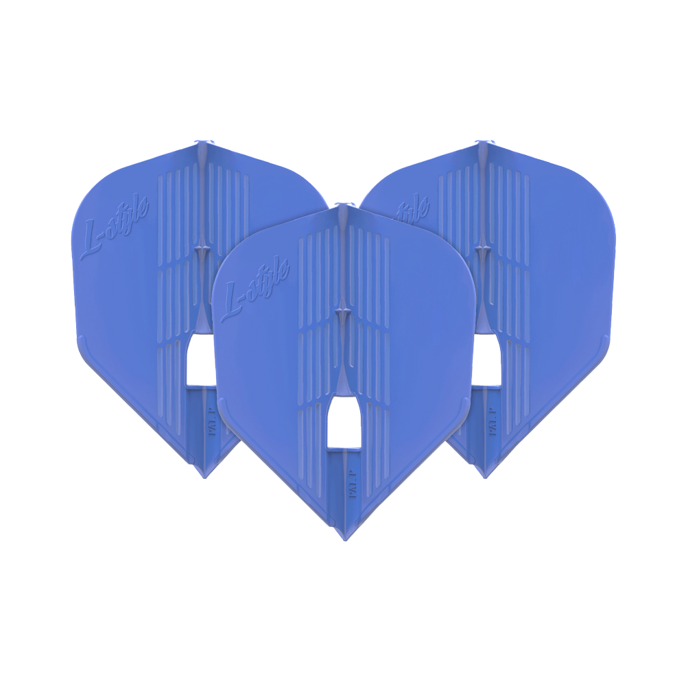 Das Bild zeigt drei blaue Dartflights der Marke L-Style. Sie sind nebeneinander aufgereiht und haben eine moderne, strukturierte Oberfläche.