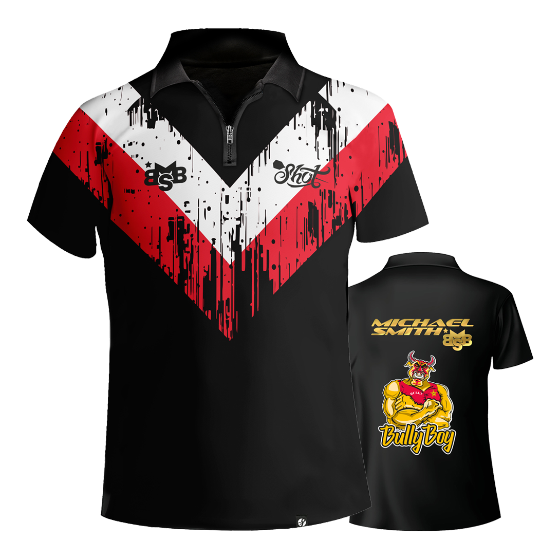 Shot Michael Smith White Stripe Dartshirt Das Bild zeigt das Shot Michael Smith White Stripe Dartshirt mit auffälligem roten und weißen Streifenmuster auf schwarzem Grund. Auf der Rückseite sind der Name "Michael Smith", das Logo "Bully Boy" und eine Zeichnung eines muskulösen Stiers zu sehen.