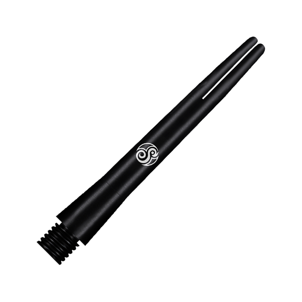 SM3809-I_Shot_Aluminium_Shafts_Black_41mm_2 Dies ist ein schwarzer Aluminium-Schaft der Marke Shot. Er hat ein elegantes, mattes Design mit einem weißen Logo in der Mitte.