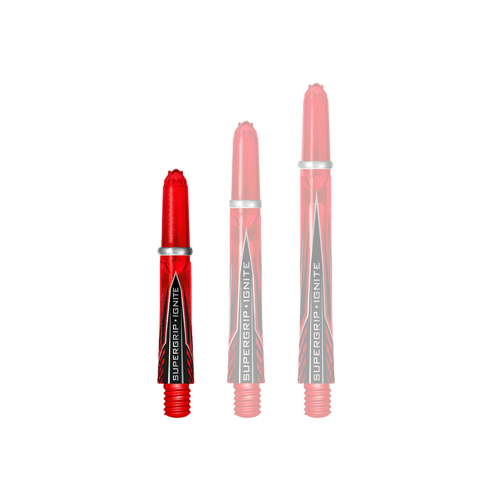Das Bild zeigt drei rote Harrows Supergrip Ignite Shafts in unterschiedlichen Längen. Die Aufschriften "SUPERGRIP IGNITE" sind gut sichtbar auf jedem Schaft abgebildet.