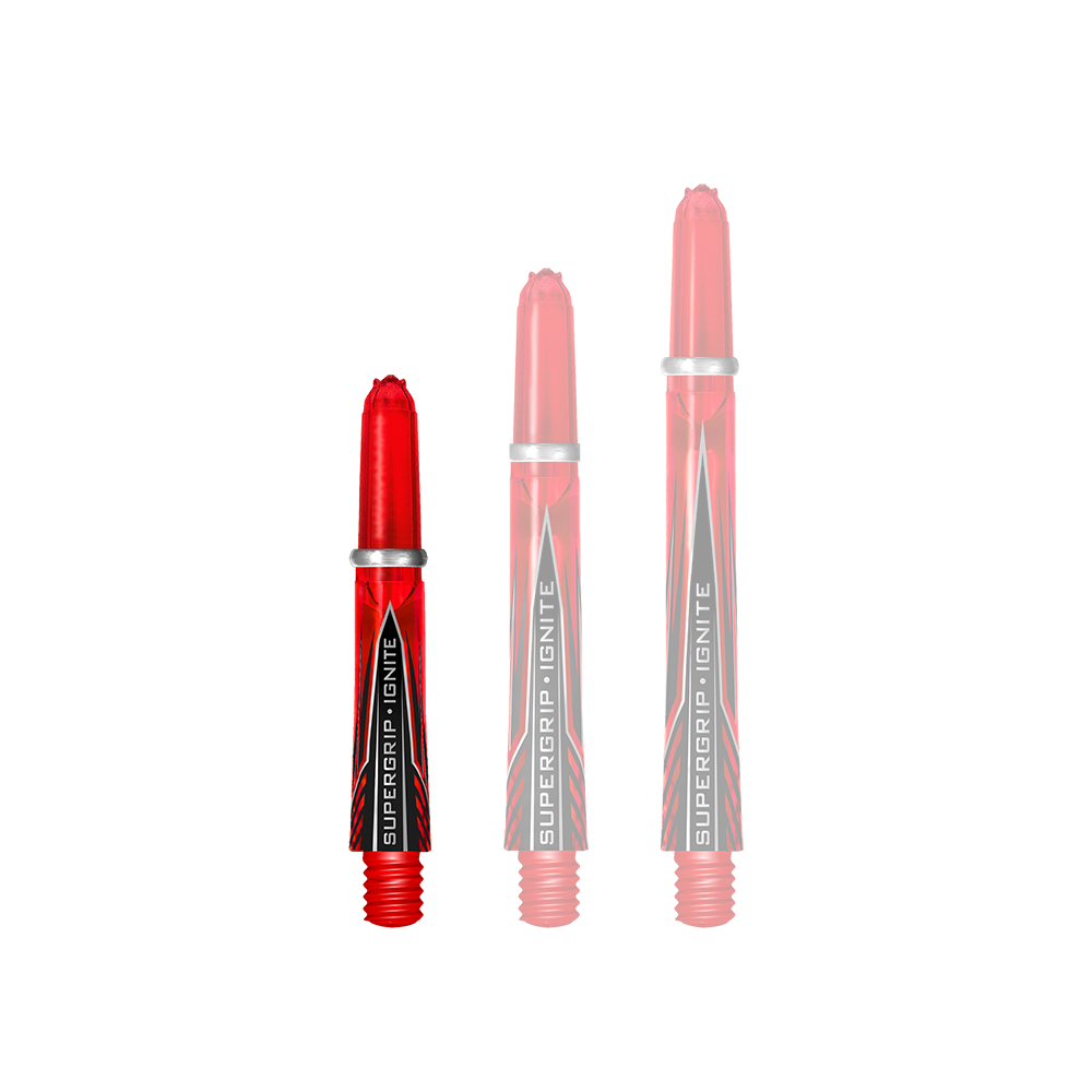 HR383_Harrows_Supergrip_Ignite_Shafts_Rot_33mm_1 Das Bild zeigt drei rote Harrows Supergrip Ignite Shafts in unterschiedlichen Längen. Die Aufschriften "SUPERGRIP IGNITE" sind gut sichtbar auf jedem Schaft abgebildet.