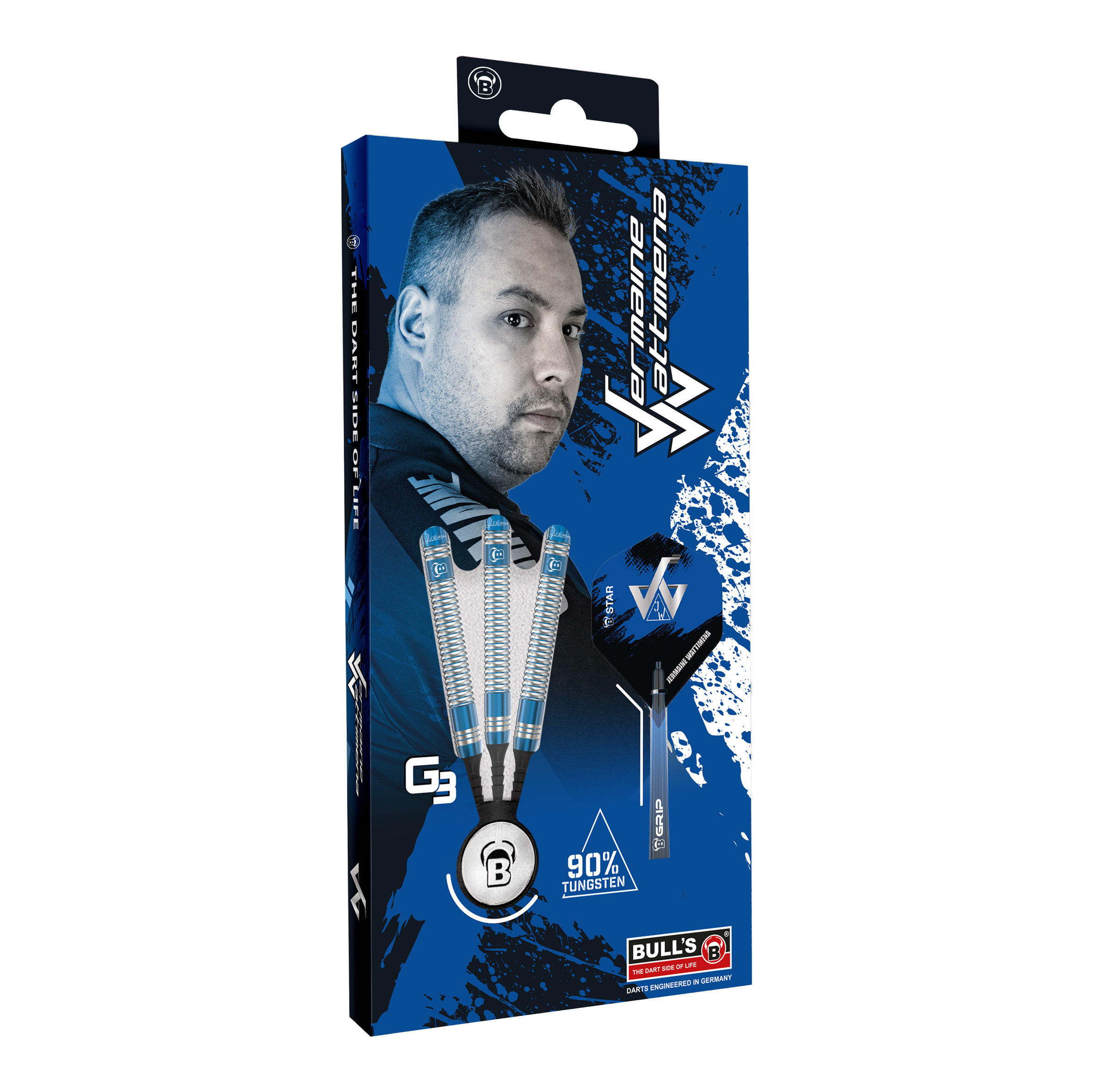 Bulls Jermaine Wattimena Generation 3 Softdarts - 20g Die Abbildung zeigt die Verpackung der Bulls Jermaine Wattimena Generation 3 Softdarts mit 20g Gewicht. Auf der Verpackung sind drei Darts sowie ein Porträt von Jermaine Wattimena und der Hinweis auf 90 % Tungsten zu sehen.